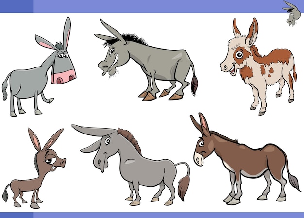 Vetor conjunto de personagens de quadrinhos de animais de fazenda de burros de desenho animado