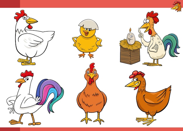 Conjunto de personagens de quadrinhos de aves de fazenda de galinhas dos desenhos animados