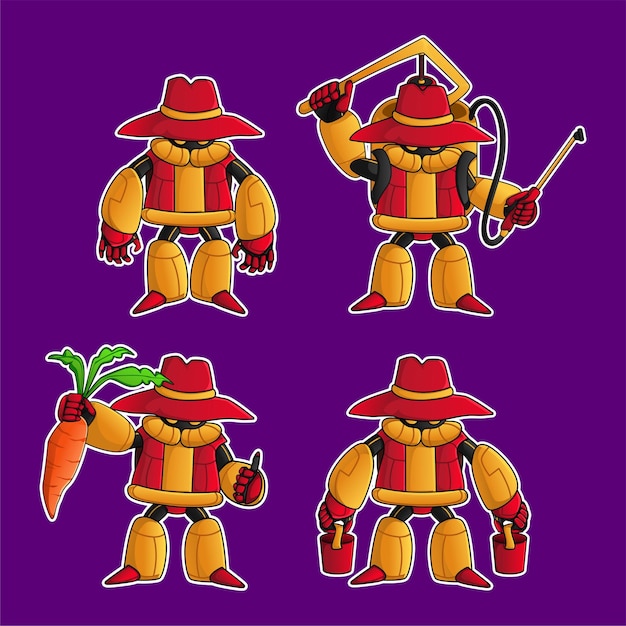 Conjunto de personagens de robô agricultor em poses diferentes