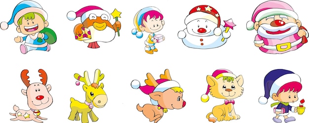 Conjunto de personagens desenhados à mão de desenhos animados de natal. símbolos, papai noel, animais. ilustração vetorial engraçada