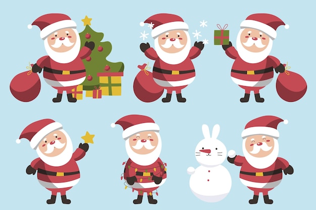 Conjunto de personagens diferentes fofos Papai Noel e caixa de presentes árvore de Natal Elementos de design isolados em fundo azul para decoração banner cartaz panfleto cartão de saudação Estilo dos desenhos animados Vetor EPS