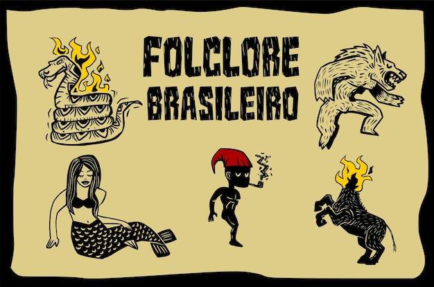 Vetor conjunto de personagens do folclore brasileiro ilustração em estilo xilogravura