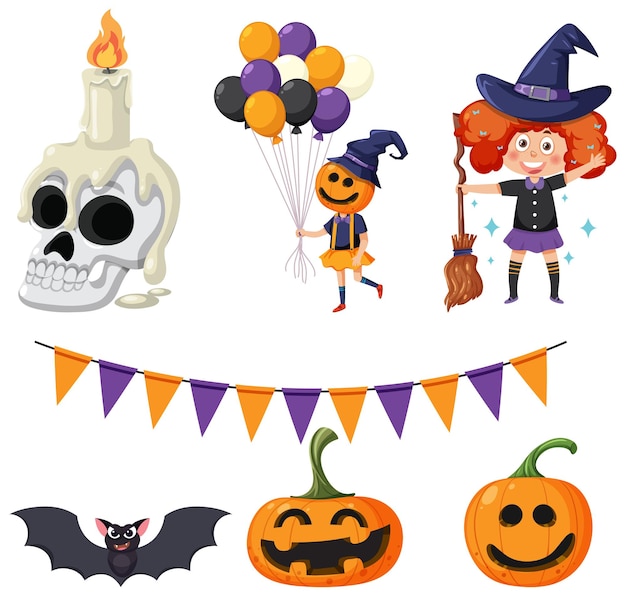 Conjunto de personagens e elementos de desenhos animados de halloween
