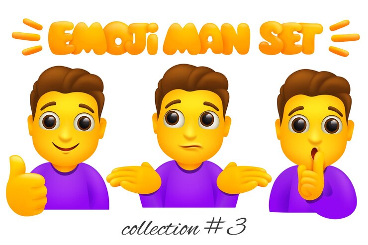 Vetor conjunto de personagens emoji man. coleção de emoticons do estilo dos desenhos animados. polegar para cima, cofusing, mantenha gestos de silêncio