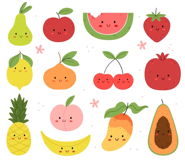 Conjunto de personagens engraçados de frutas e bagas de verão Ilustração infantil maçã laranja melancia morango pêra mamão banana limão abacaxi flores de verão