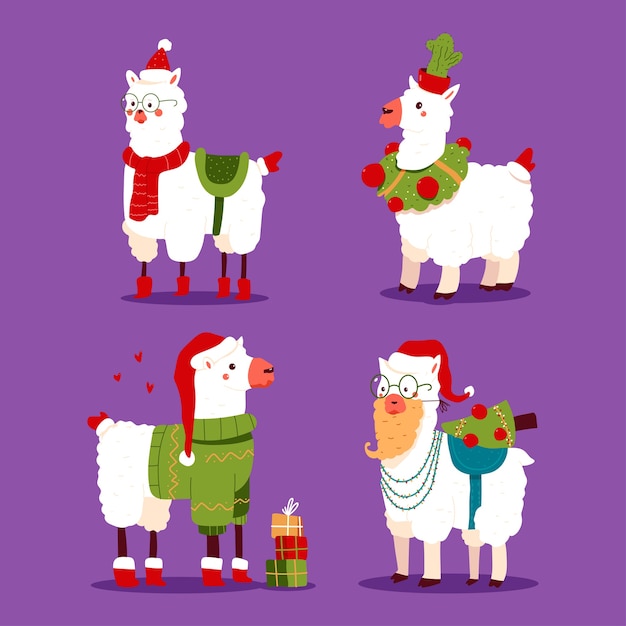 Conjunto de personagens engraçados do feriado de alpaca de Natal com chapéu de Papai Noel
