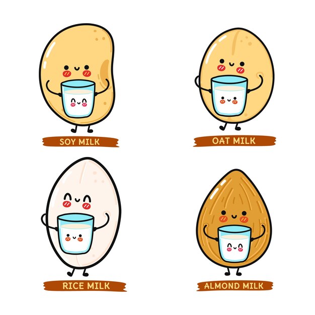 Conjunto de personagens engraçados e fofinhos de leite vegetal