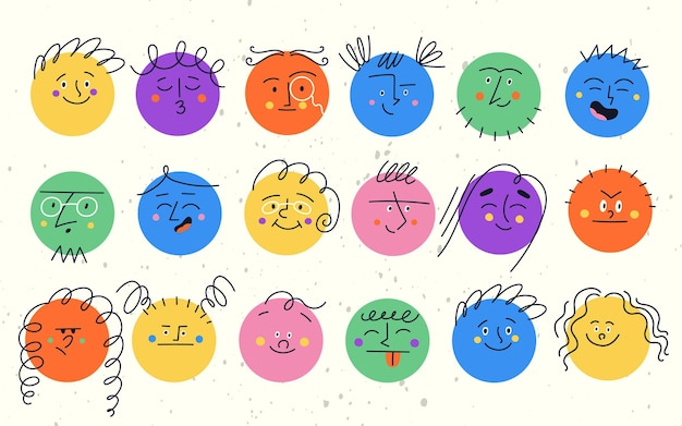 Vetor conjunto de personagens engraçados redondos com várias emoções faciais. ilustração vetorial moderna colorida com formas felizes, tristes, rostos sorridentes com raiva para crianças.