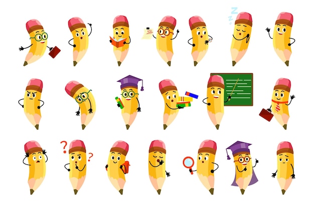 Conjunto de personagens escolares de lápis amarelos de desenho animado com rostos de sorriso diferentes emoji e borracha