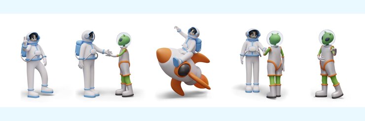 Vetor conjunto de personagens espaciais em diferentes poses e situações astronauta foguete espacial alienígena