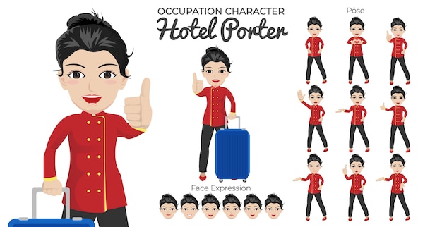 Conjunto de personagens femininos de hotel porter com variedade de expressões faciais e posturas