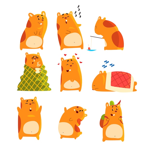 Vetor conjunto de personagens fofinhos de hamster, animal engraçado mostrando várias ações e emoções