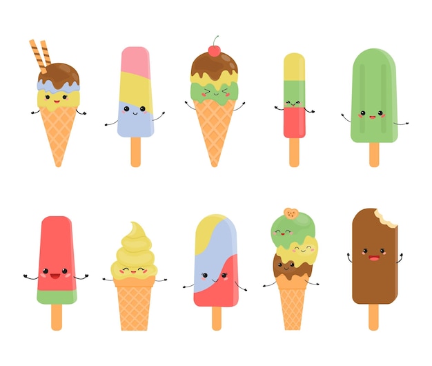 Conjunto de personagens fofos de sorvete em uma xícara de waffle e em uma vara Ilustração de desenho vetorial