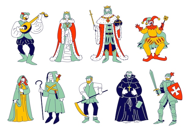 Conjunto de personagens históricos medievais. ilustração plana dos desenhos animados