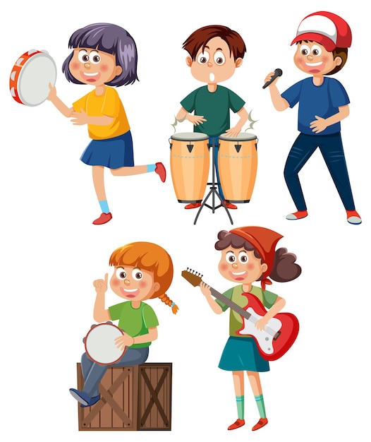 Conjunto de personagens infantis de desenho animado com instrumentos musicais