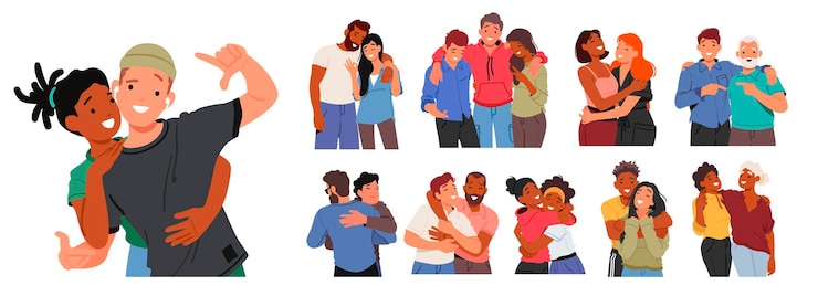 Vetor conjunto de personagens masculinos e femininos abraçam um abraço amigável comunica apoio de afeto e conexão promovendo relacionamentos positivos e um sentimento de pertencimento ilustração vetorial de pessoas de desenhos animados