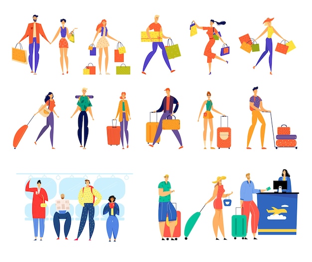 Conjunto de personagens masculinos e femininos, comprando, viajando com bagagens, andando de metrô e esperando na fila para registro de avião.