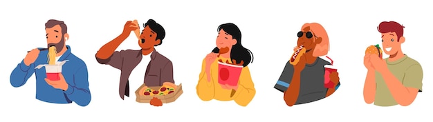 Vetor conjunto de personagens masculinos e femininos hábitos alimentares pouco saudáveis homens e mulheres se deliciando com batatas fritas de hambúrguer de fast-food