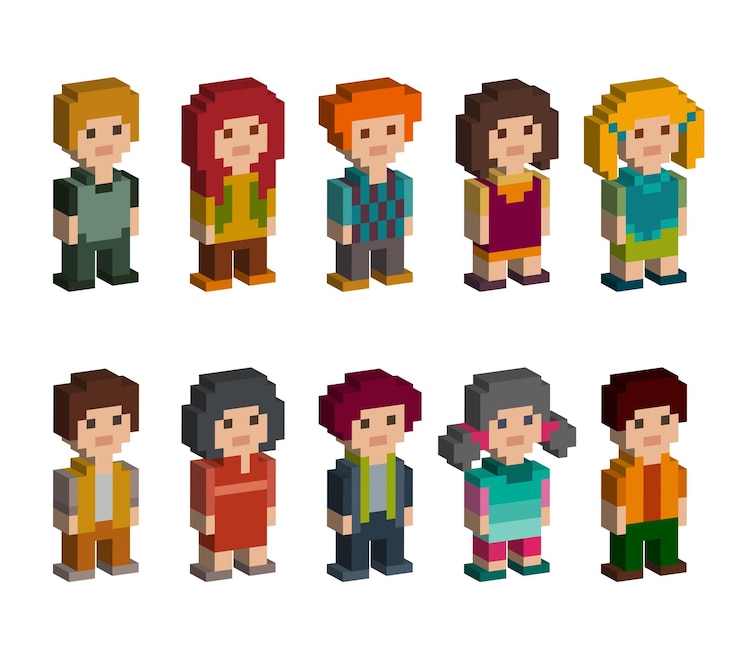 Vetor conjunto de personagens masculinos e femininos isométricos em estilo pixel art 3d em fundo branco
