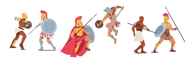 Conjunto de personagens masculinos espartanos Soldados Legionários Guerreiros Romanos Gladiadores Segurando Escudo e Arma Luta no Coliseu
