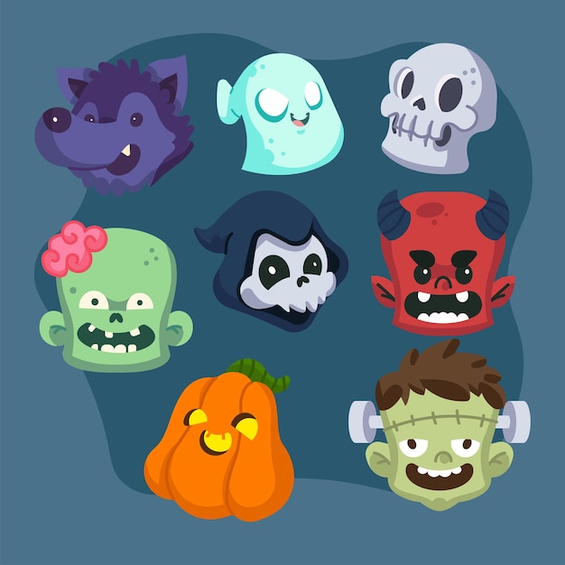 Vetor conjunto de personagens planos de halloween desenhados à mão