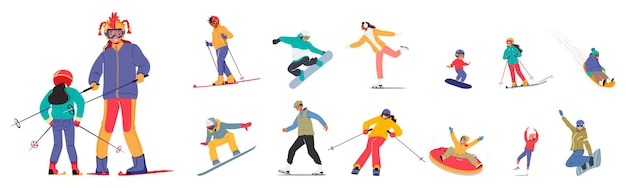 Conjunto de personagens se envolvem em esportes de inverno vibrantes em um país das maravilhas nevado pessoas esquiando snowboard deslizando patinação no gelo desfrutando das atividades ao ar livre frias ilustração vetorial de desenhos animados