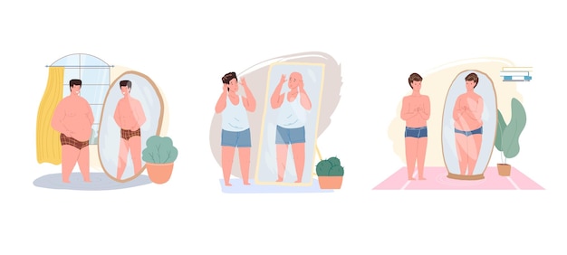 Conjunto de personagens vetoriais planos de desenho animado julgando mal sua aparência olhando no espelho e vendo diferentes metáforas de pessoa de auto-estima inadequada, tratamento de problemas psicológicos e conceito de terapia