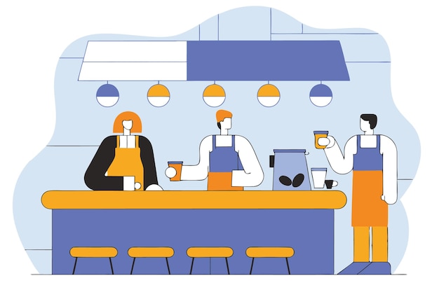 Conjunto de pessoas Baristas fazendo café em uma cafeteria ou café ilustração de arte em fundo branco
