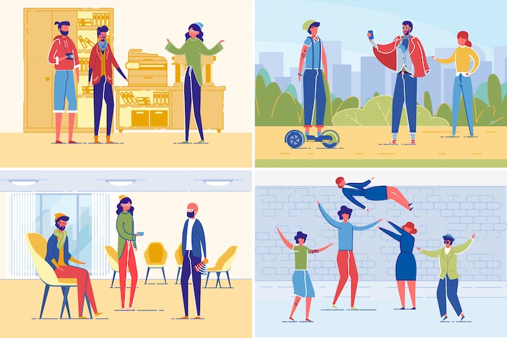Vetor conjunto de pessoas bem sucedidas criativas trabalhando juntos ilustração em estilo simples
