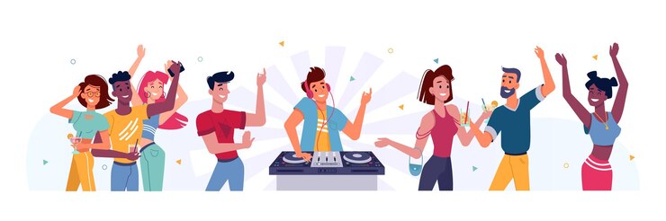 Vetor conjunto de pessoas dançando na festa e o homem dj na plataforma giratória perto de uma pessoa feliz no aniversário ou feriado