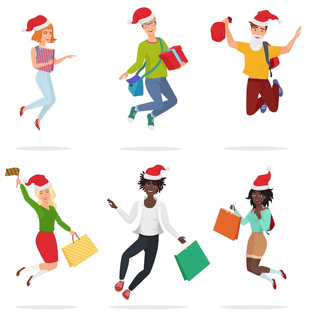 Conjunto de pessoas de ética multi jovens felizes pulando, dançando com caixas de presente e chapéus de natal.