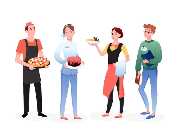 Conjunto de pessoas de trabalhadores de serviço de catering. Desenhos animados felizes, profissionais, homem, mulher, personagens, juntos, em, fila, garçonete, chef, vendedor, vendedor profissão profissão