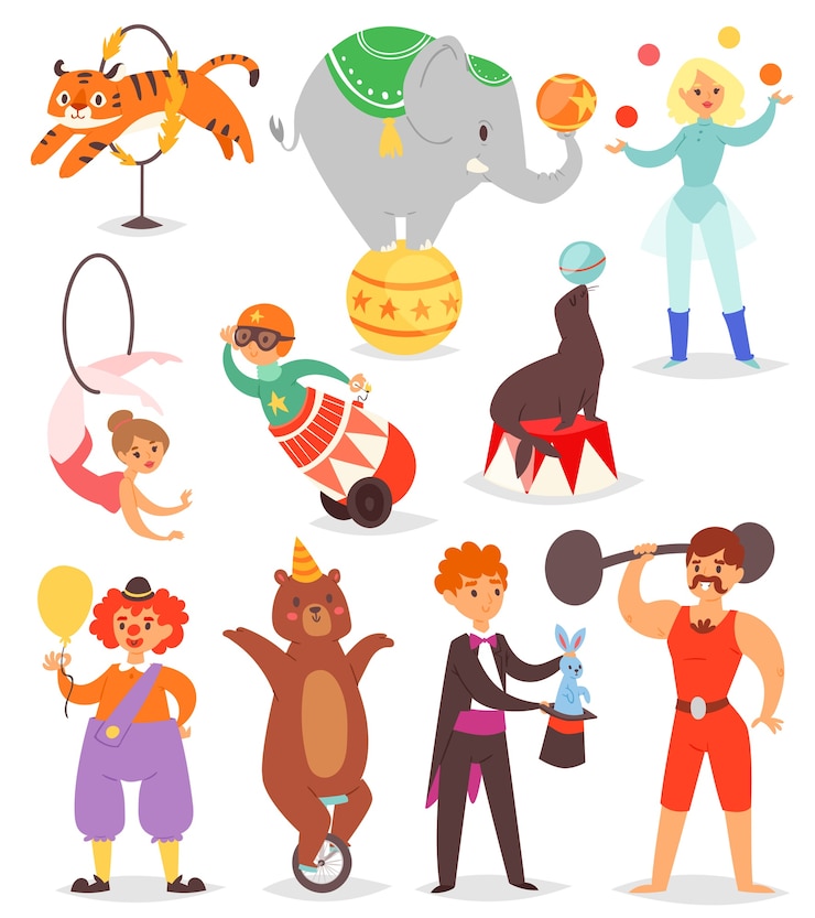 Vetor conjunto de pessoas e animais de circo