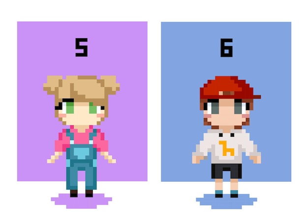 Conjunto de pessoas em estilo de arte pixel bit personagens para videogame bonito d retratos de pequeno pré-escolar