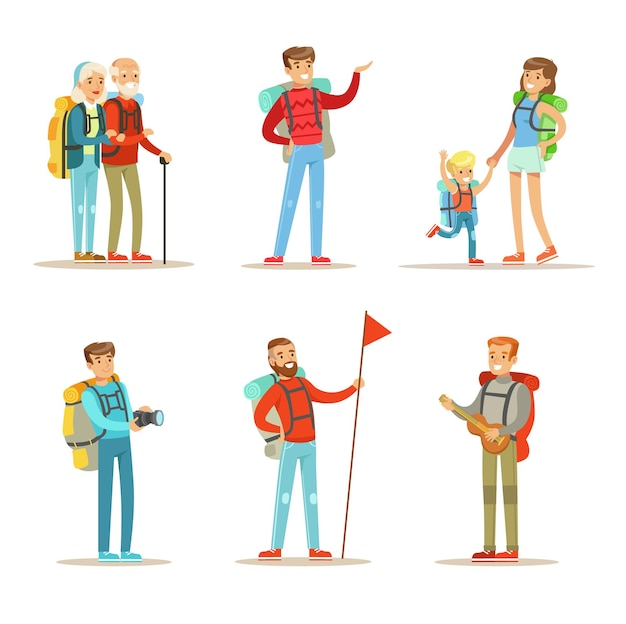 Conjunto de pessoas felizes com mochilas homens mulher com filho e casal de idosos caminhadas e trekking tema desenhos animados turistas personagens coloridos ilustrações vetoriais planas isoladas em fundo branco