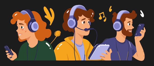 Vetor conjunto de pessoas felizes conectadas expressão icônica ilustração de uma transmissão ou podcast