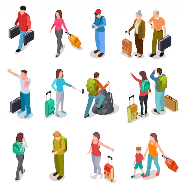 Conjunto de pessoas isométrica de viagens. Homens, mulheres e crianças com bagagem. Família de turistas, passageiros e bagagem. Coleção de turismo