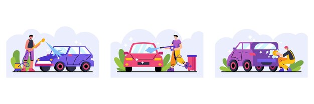 Conjunto de pessoas lavando carros do lado de fora Homem usando dispositivo limpa sujeira na máquina