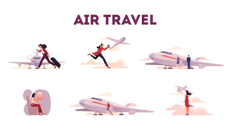 Vetor conjunto de pessoas no aeroporto e no avião. turistas com bagagem ou sentados no avião. ideia de viagem e férias. chegada de avião. ilustração