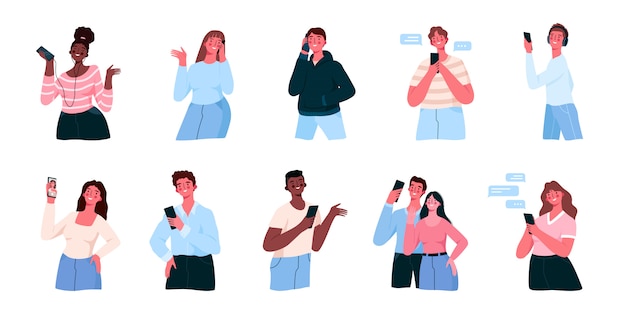 Conjunto de pessoas usam smartphones mensagens de texto