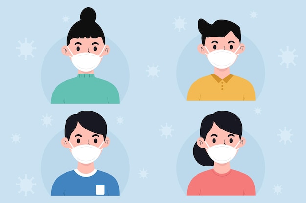 Conjunto de pessoas usando máscaras faciais médicas para prevenir a poluição do ar contaminada por gripe