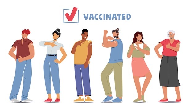 Conjunto de pessoas vacinadas mostrar patch e gestos positivos personagens masculinos e femininos isolados no fundo branco imunização vacinação conceito de cuidados de saúde desenhos animados ilustração vetorial