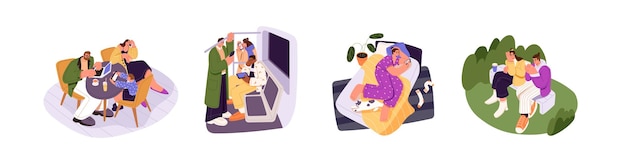 Conjunto de pessoas viciadas em smartphones Homens mulheres com gadgets obsessão de rolar redes sociais notícias Personagens navegando na Internet com telefone Ilustrações vetoriais isoladas planas em branco