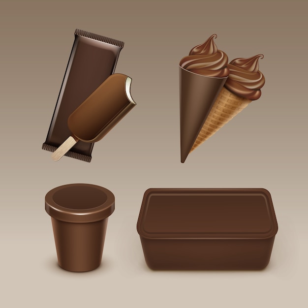 Conjunto de picolé de chocolate choc-ice lollipop cone de waffle de sorvete macio com embalagem plástica marrom e recipiente de caixa para pacote close-up no fundo.