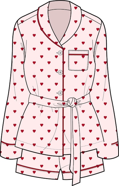 Vetor conjunto de pijama com cinto de padrão de coração para mulheres e meninas de noite