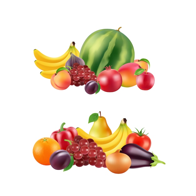 Conjunto de pilhas realistas de frutos e bagas de vetor isolado na ilustração de fundo branco