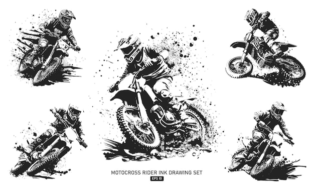 Vetor conjunto de piloto de motocross superando obstáculos ilustração em vetor preto e branco