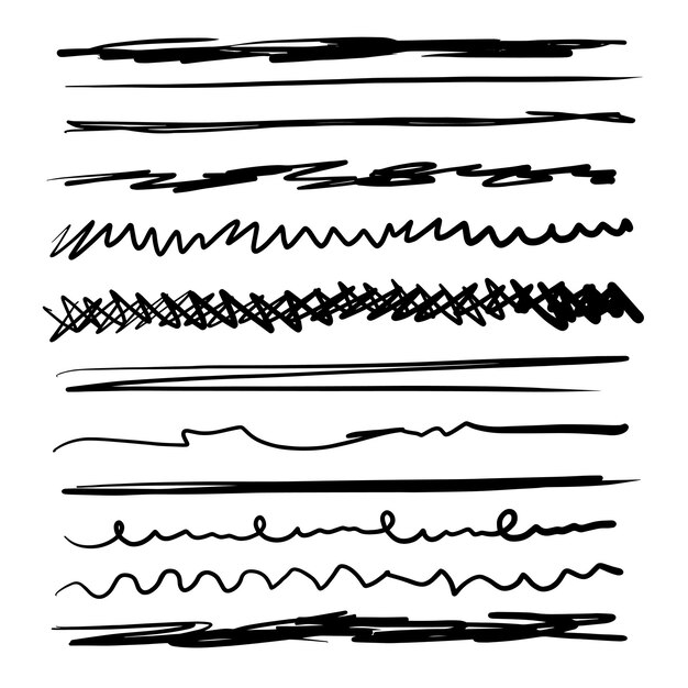 Conjunto de pincéis artísticos desenhados à mão, traços grunge, linhas Doodle, vários divisores.