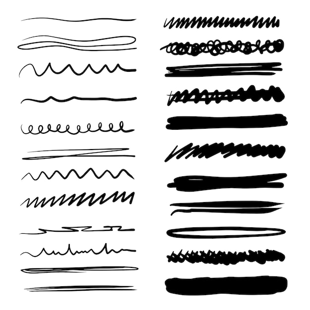 Conjunto de pincéis artísticos desenhados à mão, traços grunge, linhas Doodle, vários divisores.