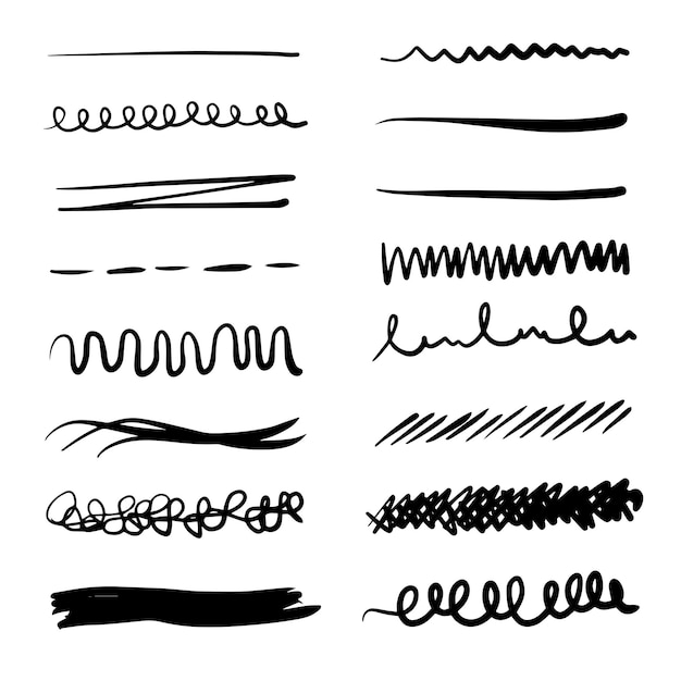 Conjunto de pincéis artísticos desenhados à mão, traços grunge, linhas Doodle, vários divisores.